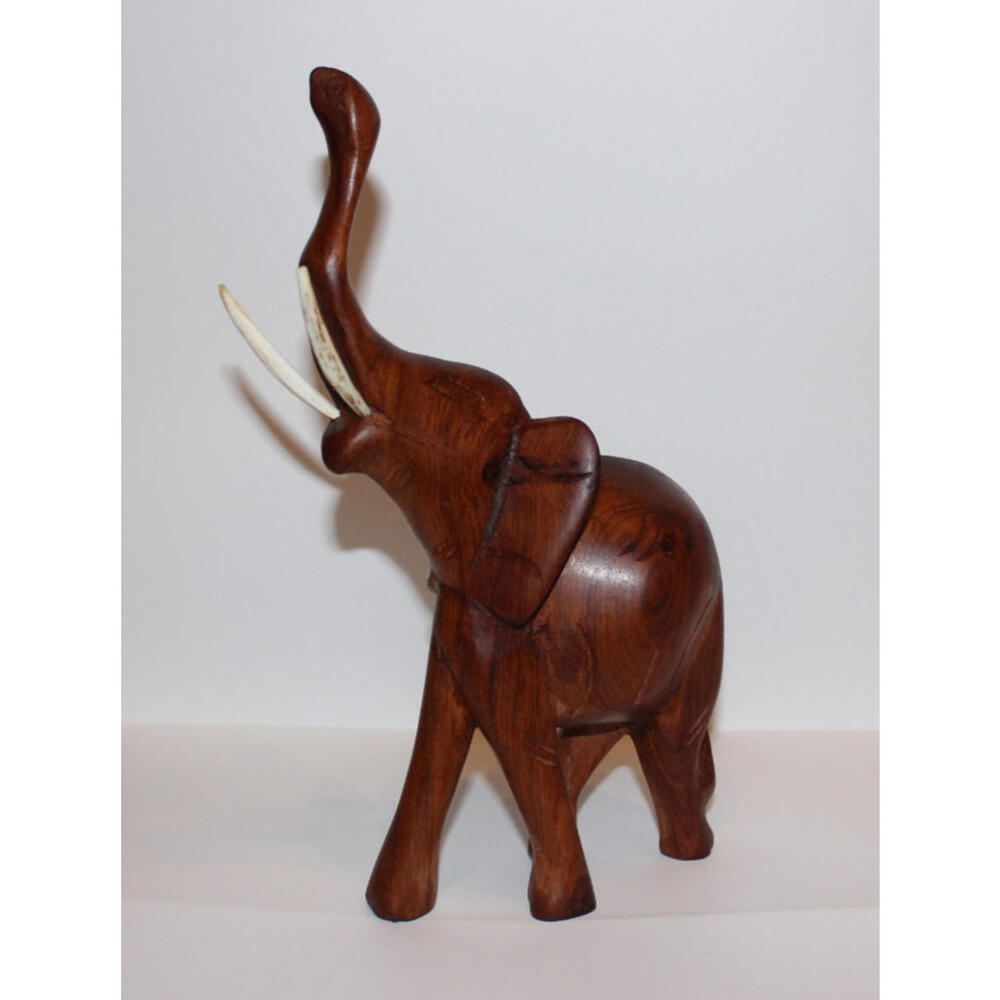 Hand Carved Solid Wood Elephant Figure African Decor Safari Statue 10"